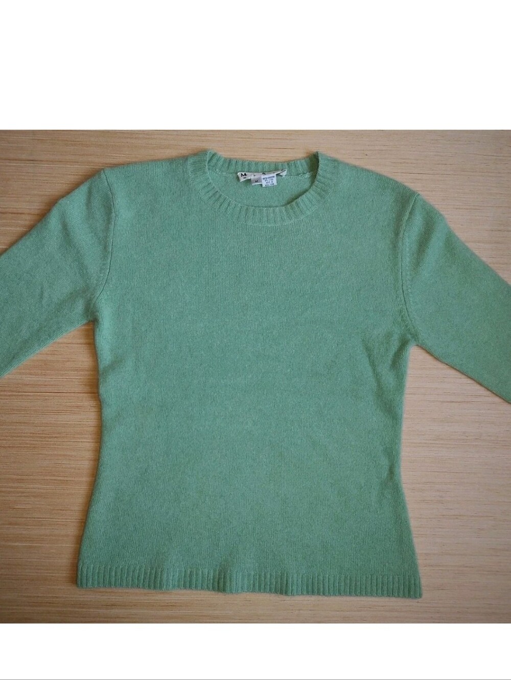 MAD M.A.D. 100% Cashmere Pullover Sweater Green Knit 3/4 Sleeve Mint Crew Neck M - Picture 7 of 16
